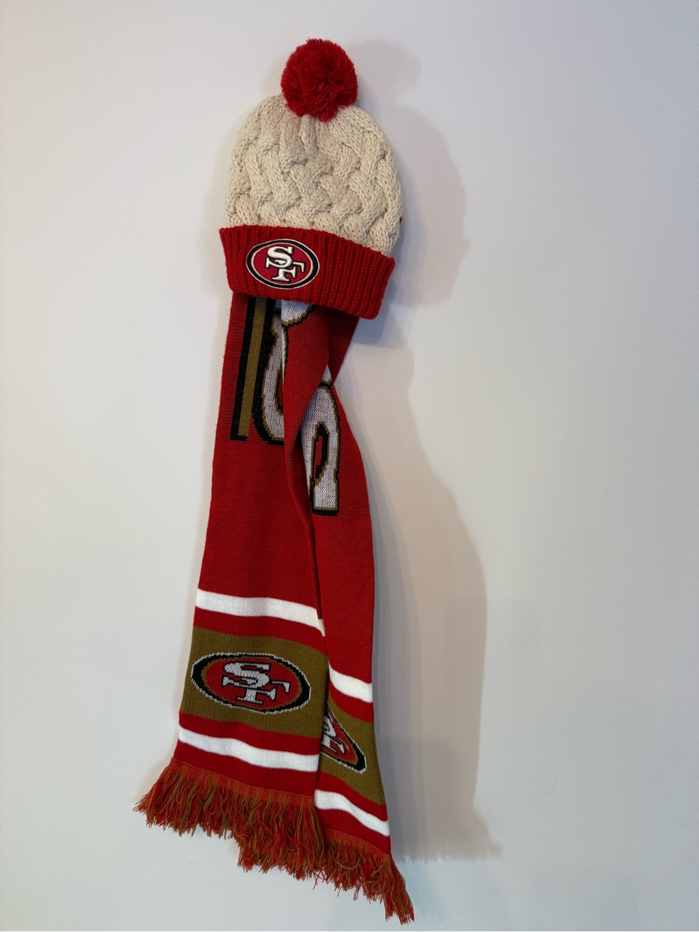 San Francisco 49ers Red and Cream Cable-Knit Pom Beanie with Matching Team Scarf